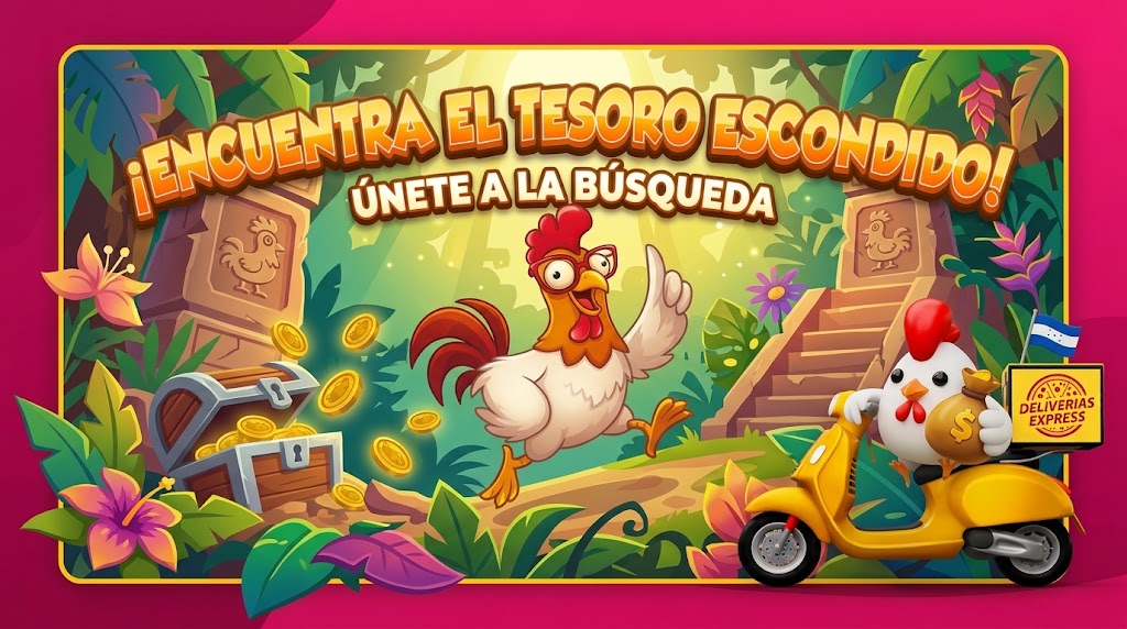 Vista general ilustrada de Chicken Road, con un gallo en la selva y una gallina en motocicleta amarilla