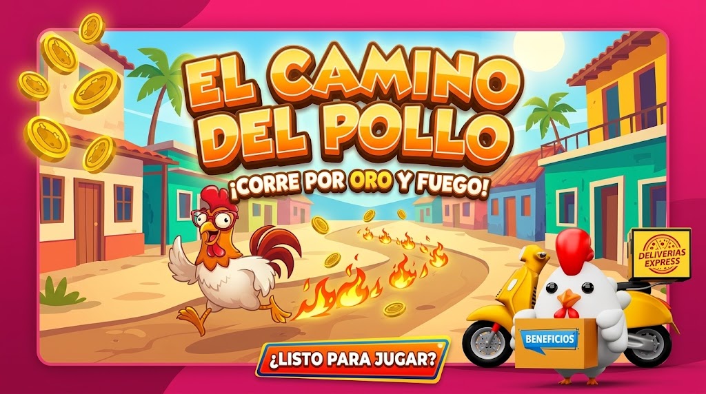 Ilustración de Chicken Road en una calle tropical, con un gallo, monedas y un recorrido de fuego