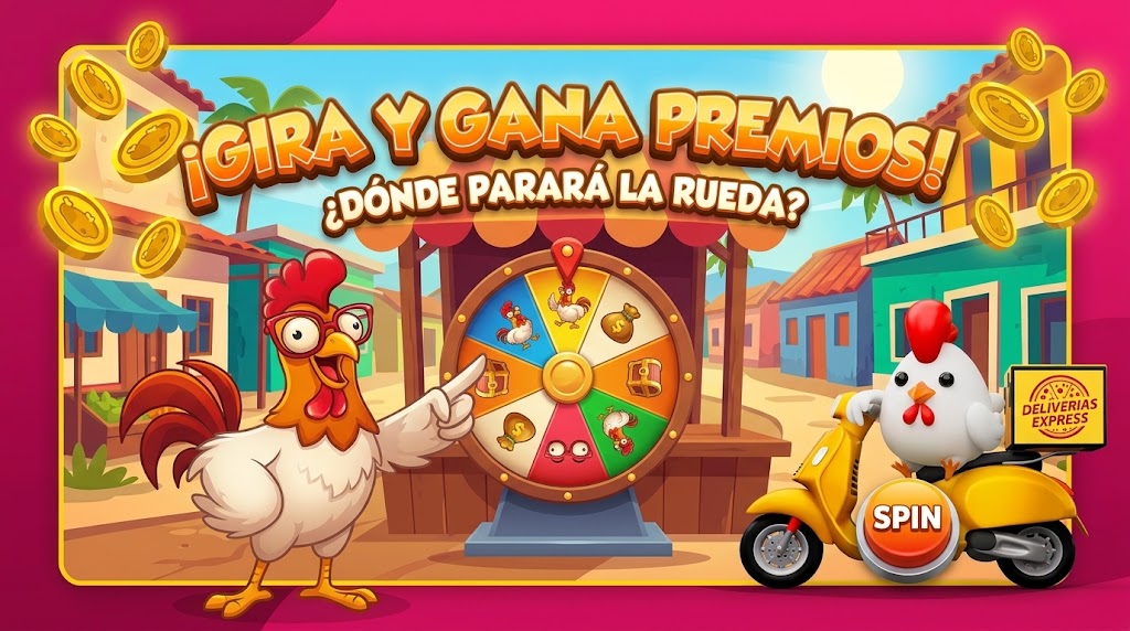 Ilustración de Chicken Road con una rueda de premios y una gallina junto a un botón de giro